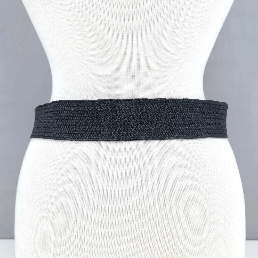 Womens M Wide Belt Black Woven Straw Raffia Boho Stretch Coastal Grandmother